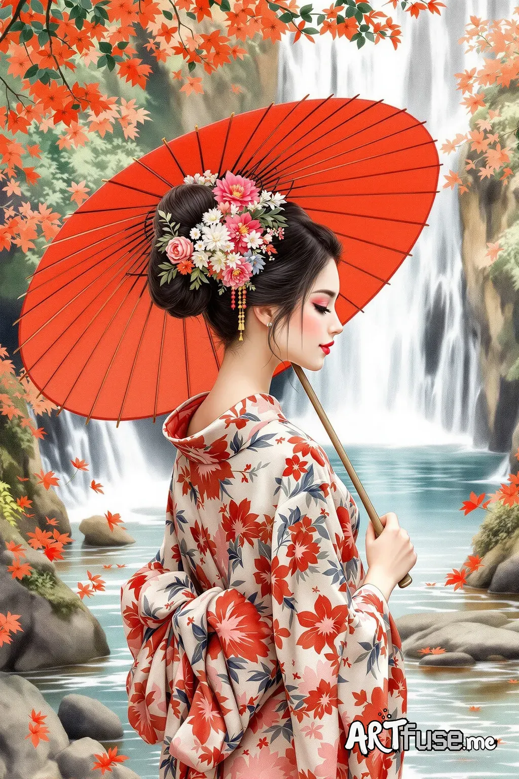 watercolor with pencil drawing woman stands gracefully before a serene waterfall, enveloped in nature's beauty. Her elegant attire—a traditional Japanese kimono—features delicate floral patterns and rich, earthy tones that harmonize with the vivid landscape. She shelters herself beneath a brilliant red parasol, its color contrasting sharply against her soft, muted outfit and the cascading waters behind her. Her hair is styled in a classic updo, adorned with elaborate floral