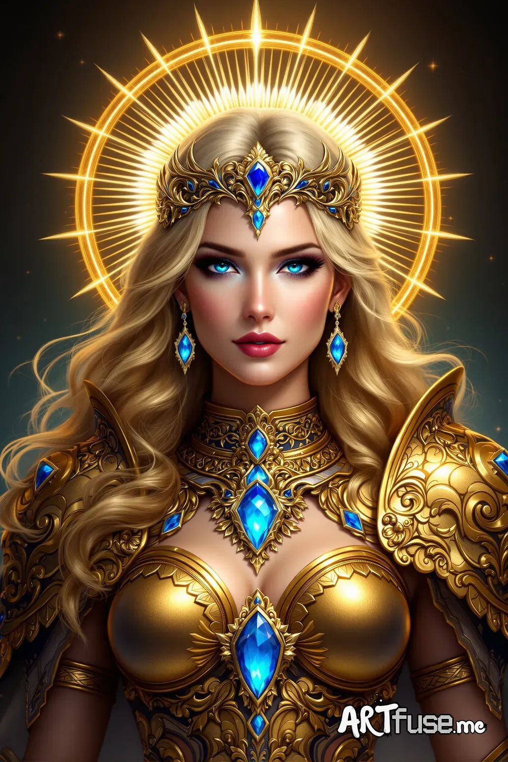 Create a highly detailed and majestic fantasy illustration of a regal female warrior goddess. She has long, flowing, wavy blonde hair and a serene yet commanding expression. She is adorned with intricate, shimmering gold armor decorated with elaborate patterns and embedded with luminous blue gemstones. She wears a delicate, ornate tiara with a central gemstone, matching earrings, and a choker with a large blue gemstone at its center. Behind her head, there is a radiant golden halo with sunburst 