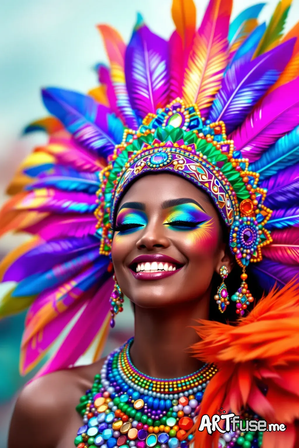 A vibrant and highly detailed digital artwork of a woman with a joyful expression, her eyes closed and smiling. She is adorned with an elaborate, colorful headdress featuring large, iridescent feathers in shades of purple, pink, blue, green, and orange, with intricate bead and jewel embellishments. The headdress extends into her shoulders and chest with similar beadwork and patterns. Her makeup is bold, with shimmering blue eyeshadow, long lashes, and rainbow-colored face paint blending across h