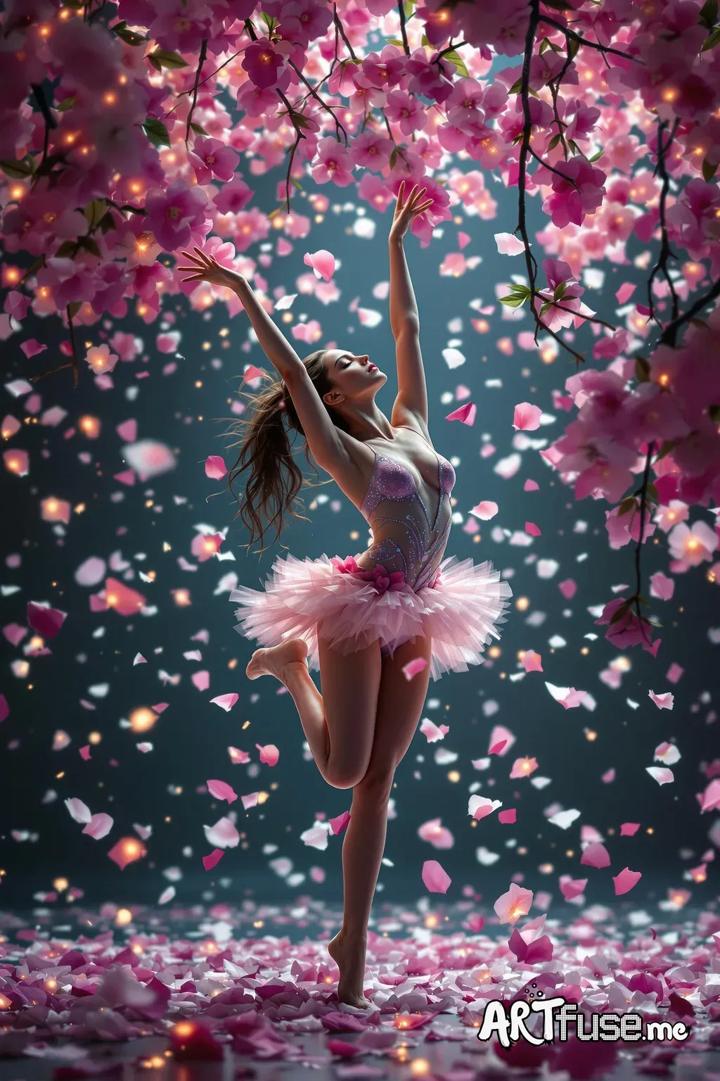 a beautiful, ultrarealistic girl that looks  50% Leona Lewis and 50% Christina Aguilera .  The scene is comprised of A Shower of exotic flower Petals floating about as The scene transitions to a slow-motion series of shots including a bunch of cascading  cherry blossoms draping and surrounded with an abundance of  exotic vibrantly colored orchids cascading down around the dancer. Each petal glows softly, creating a surreal, dreamlike qualityA gymnast training for the Olympics, athletic, focused,