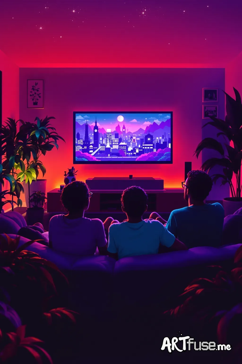A friend group having fun on the sitting room watching tv... Use cinematic colors