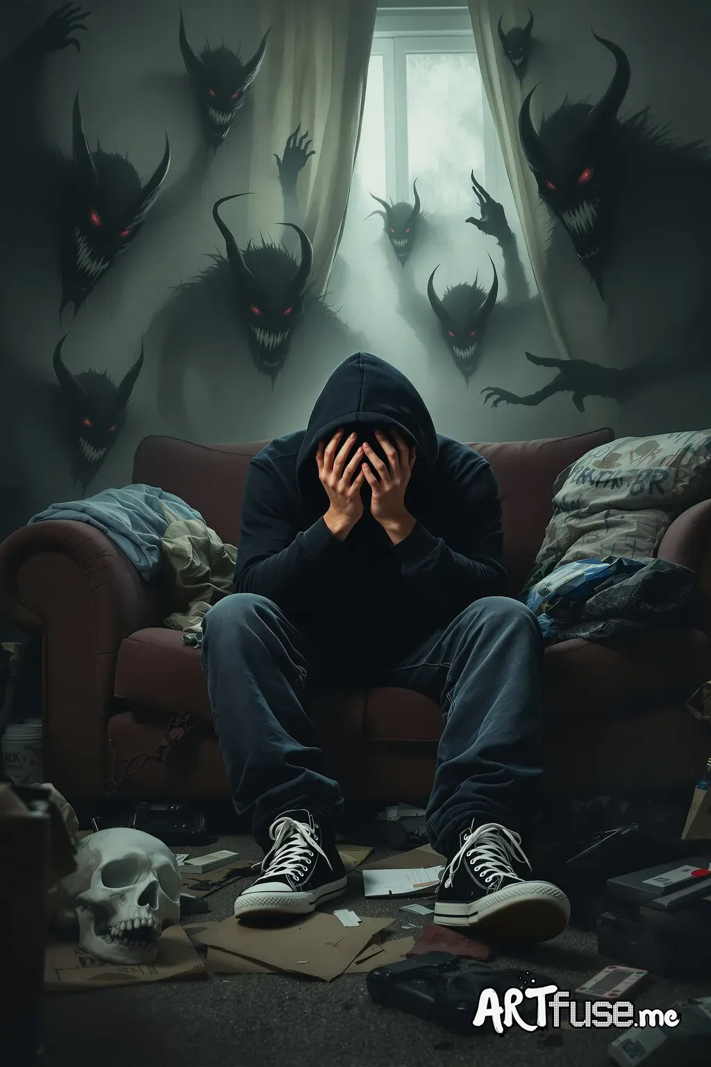 A lone man head is hands because he is suffering with schizophrenia is on his sofa at home house is a mess he is wearing a blackie hoodie with the hood up baggy jeans and black and white high tops he is surrounded by the evil voices which are depicted as shadowy demons