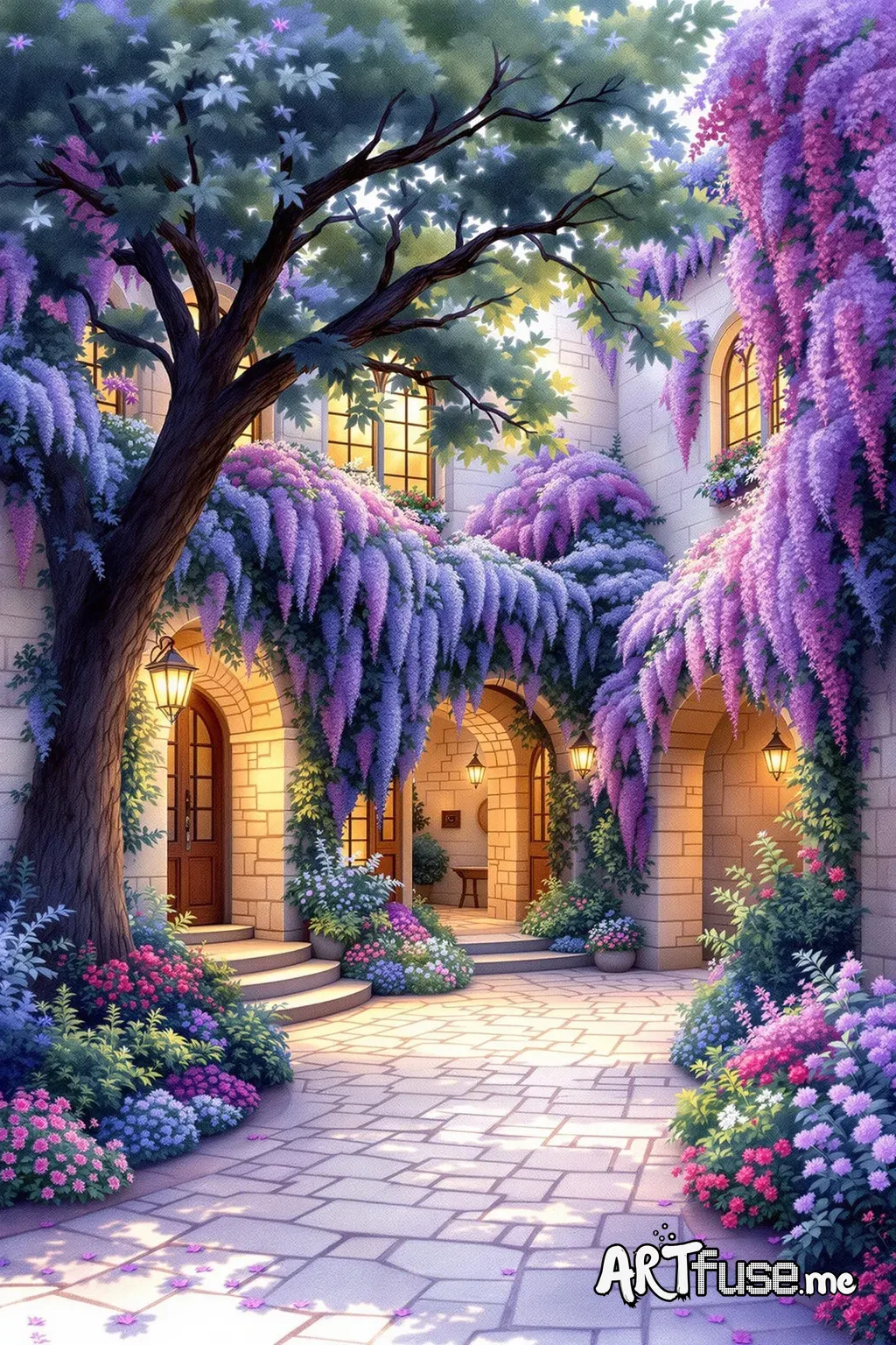 A picturesque courtyard scene, stone buildings adorned with vibrant, colorful flowering vines, illuminated by a soft, magical light, creating a dreamy, fairytale-like atmosphere with a multitude of purples, blues, and reds in the flowers and foliage, a large tree providing shade against the building; detailed textures on the stone walls and floors, and glowing lights softly illuminating the windows and archways of the buildings, focusing on capturing the specific stylized artistic. Watercolor 