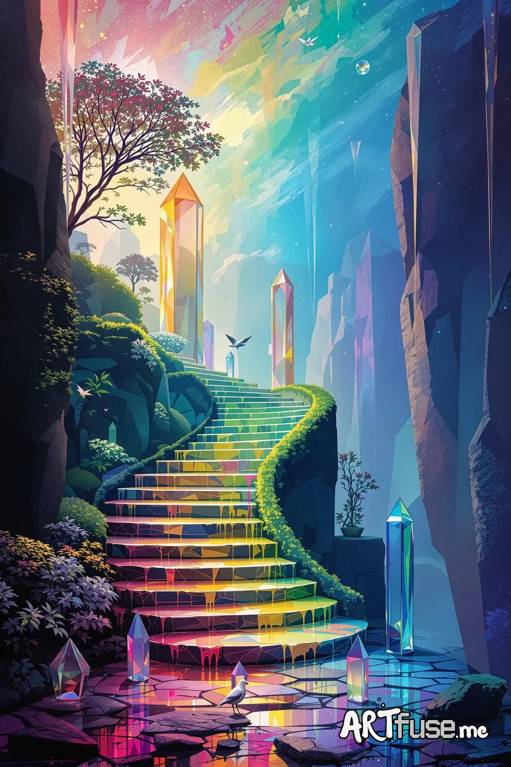 > Paint a surreal scene bathed in refracted or prismatic light. Let reality bend — with floating objects, melting forms, and dreamlike landscapes. Use glass, crystals, or prisms to scatter light into vivid spectral colors. Blend natural elements with impossible ones: staircases to nowhere, faceless figures, or birds made of glass. Focus on atmosphere, color distortion, and a sense of mystery beyond the real.
