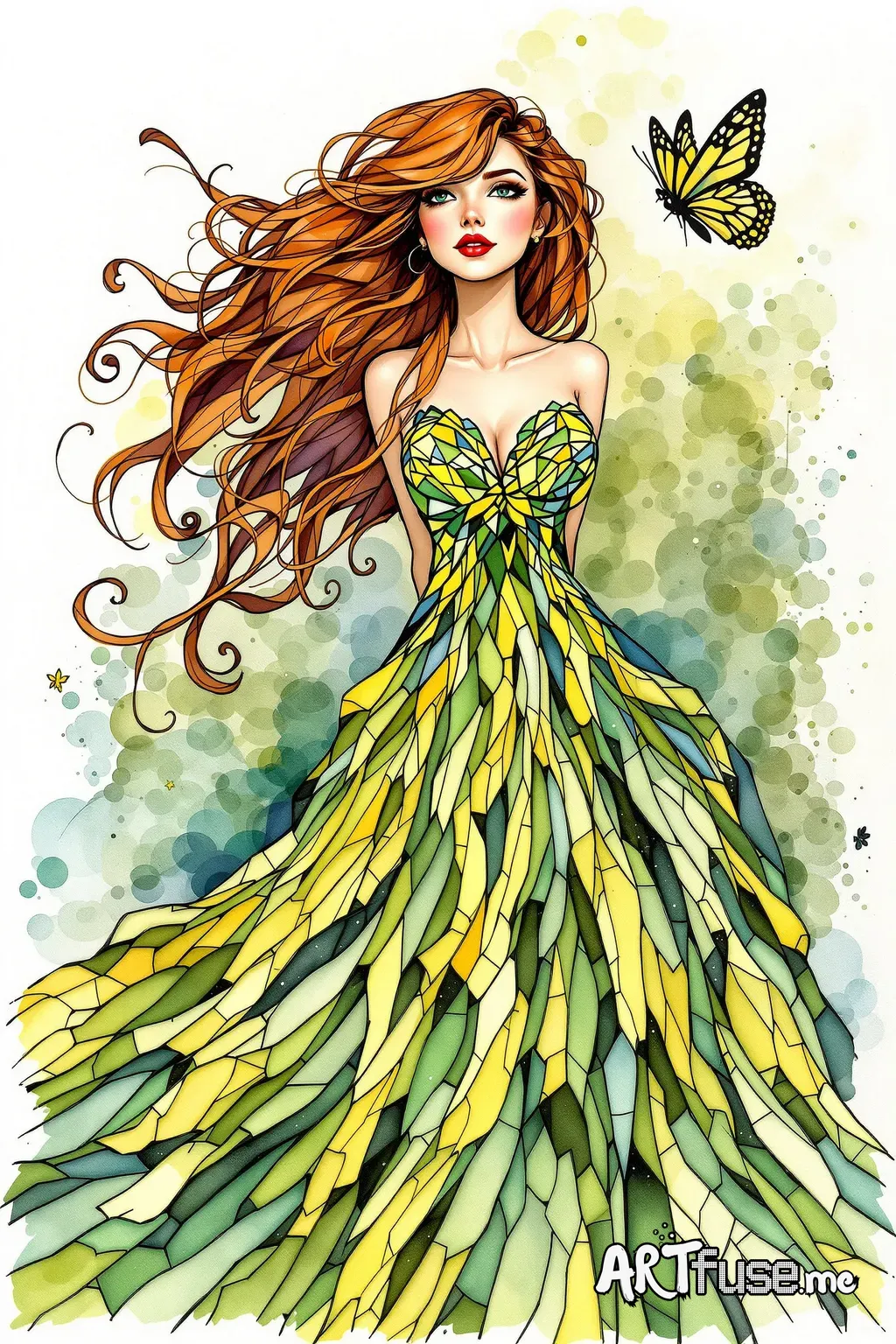 A portrait of a woman with auburn hair, a contemplative expression, and flowing, textured, multi-colored dress;  the dress and background are richly detailed with a mosaic-like, layered, hand-painted style incorporating greens, yellows, and blues, and the style is akin to a detailed stained-glass artwork with a whimsical, dreamlike quality; a butterfly is present in the background.watercolor