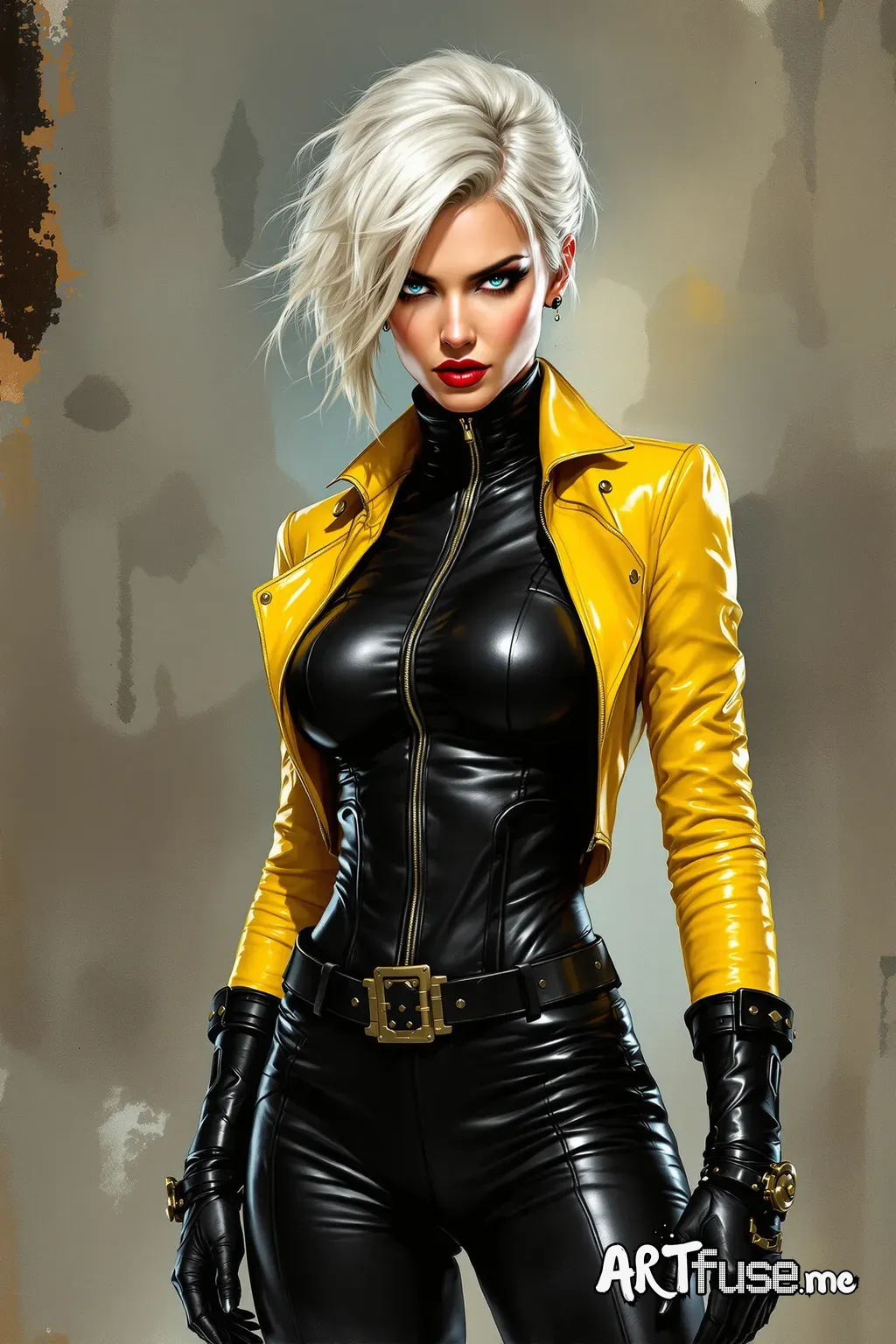 Watercolor. Steampunk woman portrait. Yellow Leather jacket. Steampunk elements.A highly detailed digital painting of a fierce, confident woman with piercing eyes and platinum blonde hair styled in a voluminous, slightly tousled manner. She is wearing a sleek, form-fitting black leather outfit that reflects light, emphasizing her toned physique. The outfit includes a high-neck top, long sleeves, and matching black leather pants with a prominent belt. The background features an abstract, textured