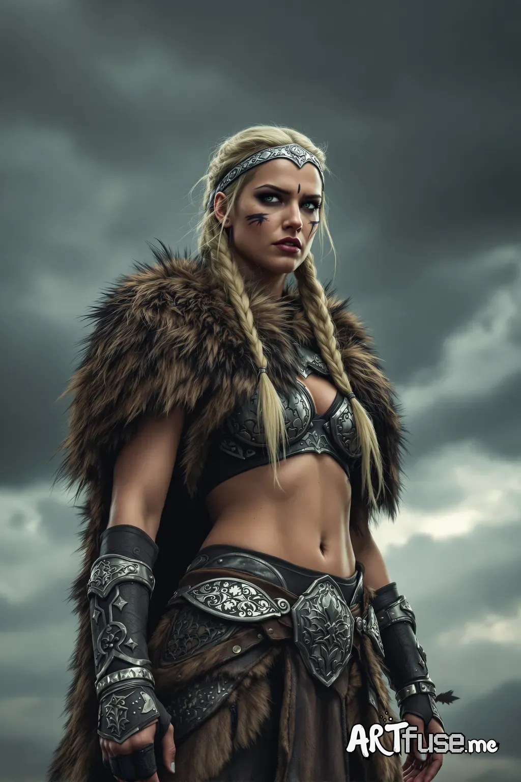 A fierce female warrior standing against a cloudy, stormy sky. She has long, blonde hair styled in two braids, and wears a decorative metal headband. Her face is marked with war paint or scars across her cheek. She is dressed in a combination of fur and leather armor, with intricate carved metal embellishments. She wears a fur cloak draped over her shoulders, revealing a midriff-baring top with detailed metal designs. Her arms are protected by leather bracers with similar ornate metalwork, and s