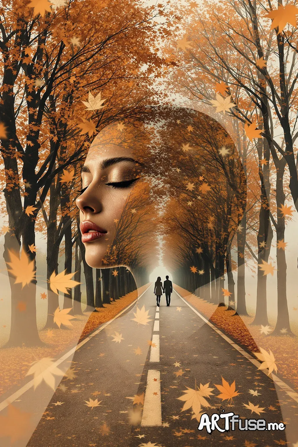 A surreal double exposure digital artwork featuring a woman's profile with closed eyes. Her face is seamlessly blended with a serene autumn landscape: a pathway lined with trees bearing orange and brown leaves, leading into the distance. Silhouetted figures of a couple holding hands walk along the path. Falling autumn leaves surround the scene, merging into her hair and shoulders, creating an ethereal and dreamy atmosphere. The color palette is warm with shades of orange, brown, and muted sepia