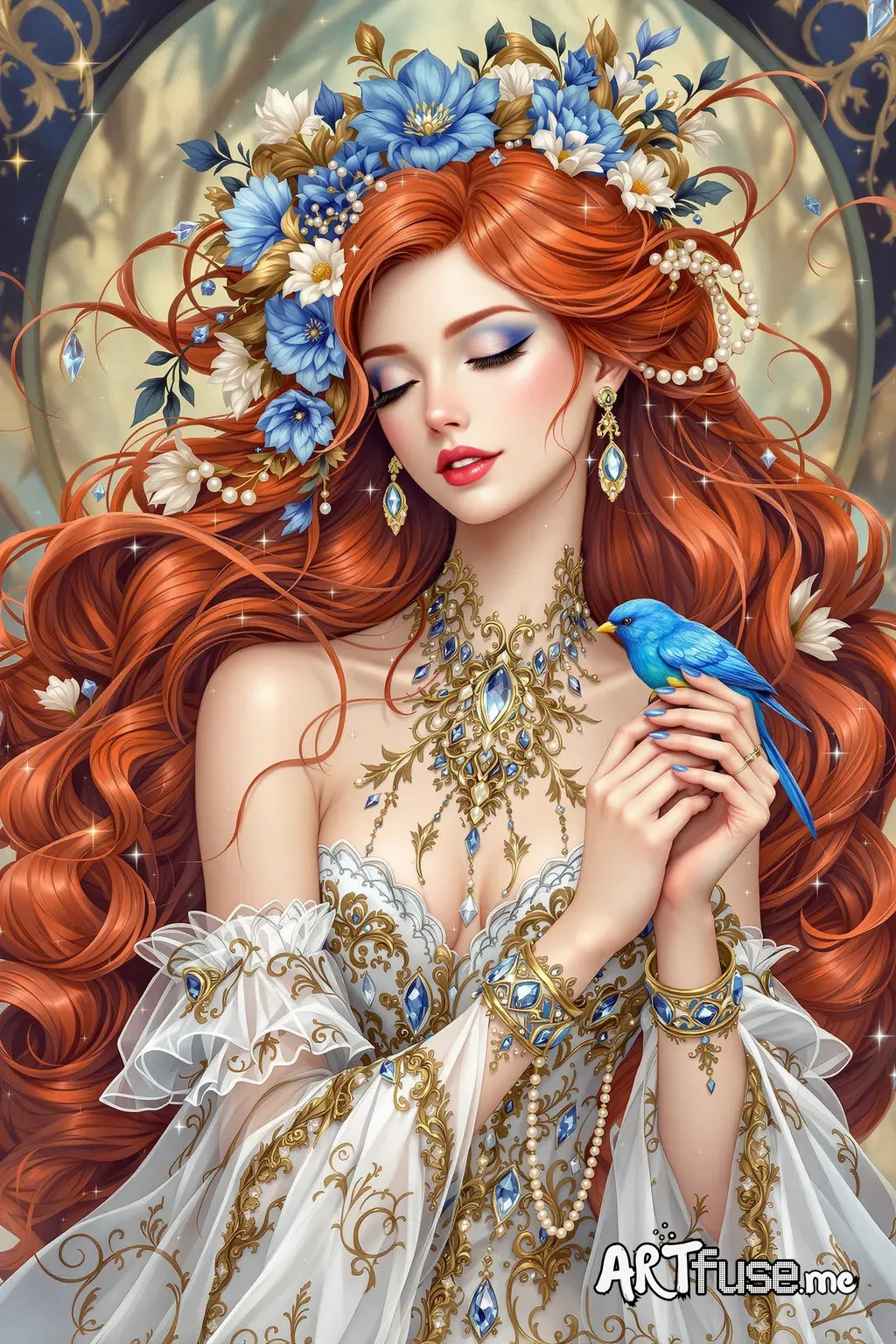A highly detailed fantasy illustration of a young woman with long, flowing, wavy red hair adorned with intricate blue and gold flowers, pearls, and shimmering embellishments. She has a serene expression with her eyes closed, delicate makeup, and wears elaborate blue earrings. She is dressed in an ornate, bejeweled gown with a sheer, embroidered fabric that features swirling patterns, pearls, and gemstones in shades of white, blue, and gold. She gently holds a small, vibrant blue bird with detail