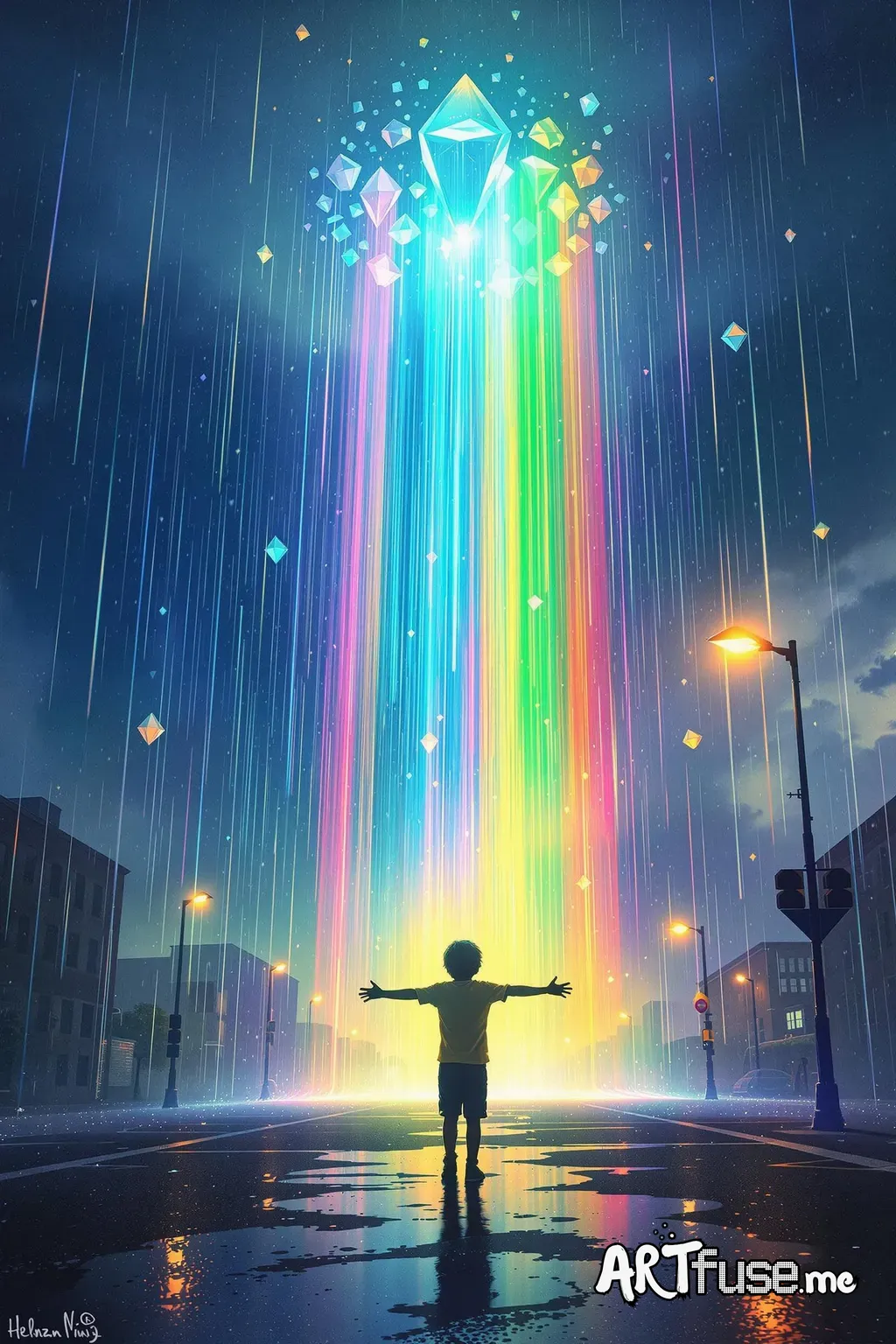 After a strange storm, spectral rain falls over a silent city. Prism-like structures hover in the sky, refracting light into vivid rainbow streams. Puddles glow with shifting color. A child stands alone in the street, arms open, bathed in living light — as if the sky itself has come down to touch the earth.