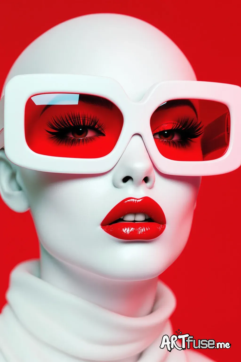 Highly stylized, close-up portrait of a person with a surreal, almost otherworldly appearance. Red background. The subject has a smooth, white skin, with striking red lips that are glossy and well-defined. They are wearing large, white-framed sunglasses with red-tinted lenses that cover a significant portion of their face, adding a bold contrast to the overall color scheme. The person has long, thick eyelashes and their facial features are sharp and symmetrical. They are also adorned in a white,