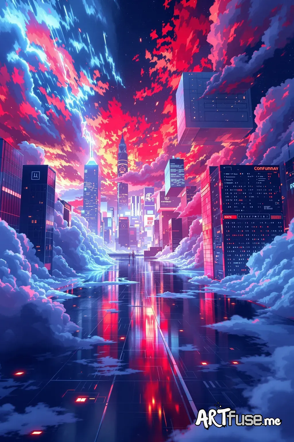 Make an anime picture of companies.. use red and blue colors..art style