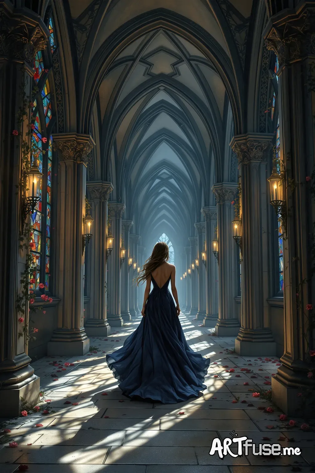 An intensely dramatic and aesthetically stunning fantasy illustration, beautiful woman, woman in a flowing dark-blue gown walks through a towering gothic corridor of pointed arches, each arch covered in delicate tracery and lace-like stonework. Candlelight from wall sconces reflects off stained-glass shards embedded in the arches. Shadows stretch dramatically across the floor, highlighting the woman's confident, graceful stride. Surrounded by stained-glass wall, misty decor, roses vines, candle 