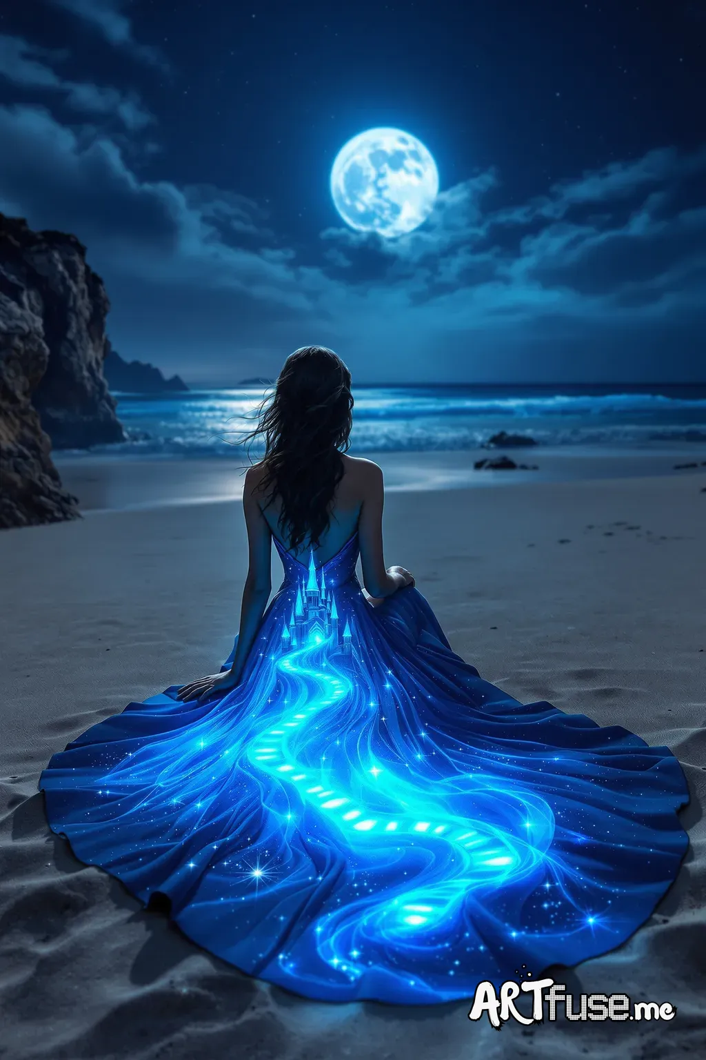 A woman is seated gracefully on a sandy beach under the serene moonlit night sky. Her back is adorned with an intricate, almost ethereal design that seamlessly combines with her flowing gown, which cascades around her like shimmering blue waves. The gown features a stunning illusion of a mystical, towering castle under a full, luminescent moon. The castle is set among rocky cliffs, with a glowing pathway that spirals dramatically up towards its spires, giving an impression of a fairytale scene b