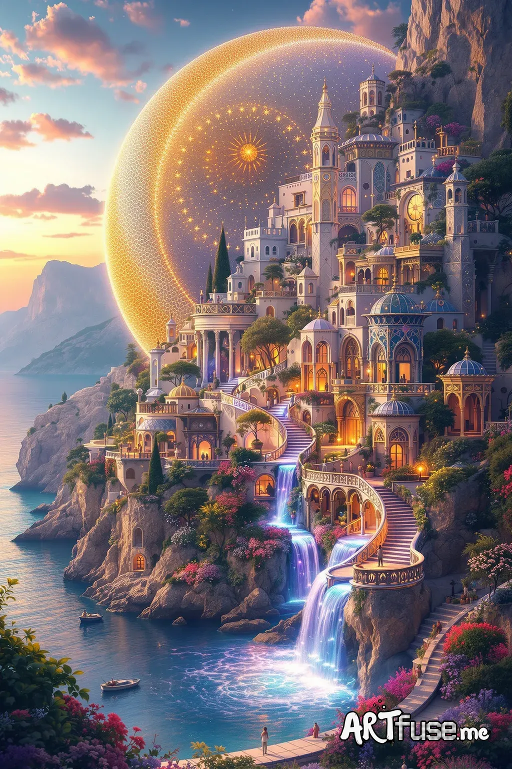A breathtaking mediterranean fantasycore villa village ornate artwork. Intricate tiny crescent moon pearls, rainbow faerie waterfall fantasy elf greek Italian spanish riviera city of mosaic opalescent villas inside a giant ornate bioluminescent crescent moon. By Android Jones, Jean Baptiste Monge, Alberto Seveso, Erin Hanson, Jeremy Mann. Maximalist highly detailed and intricate professional photography, a masterpiece, 8k resolution concept art, Artstation, triadic colors, Unreal Engine 5, cgsoc