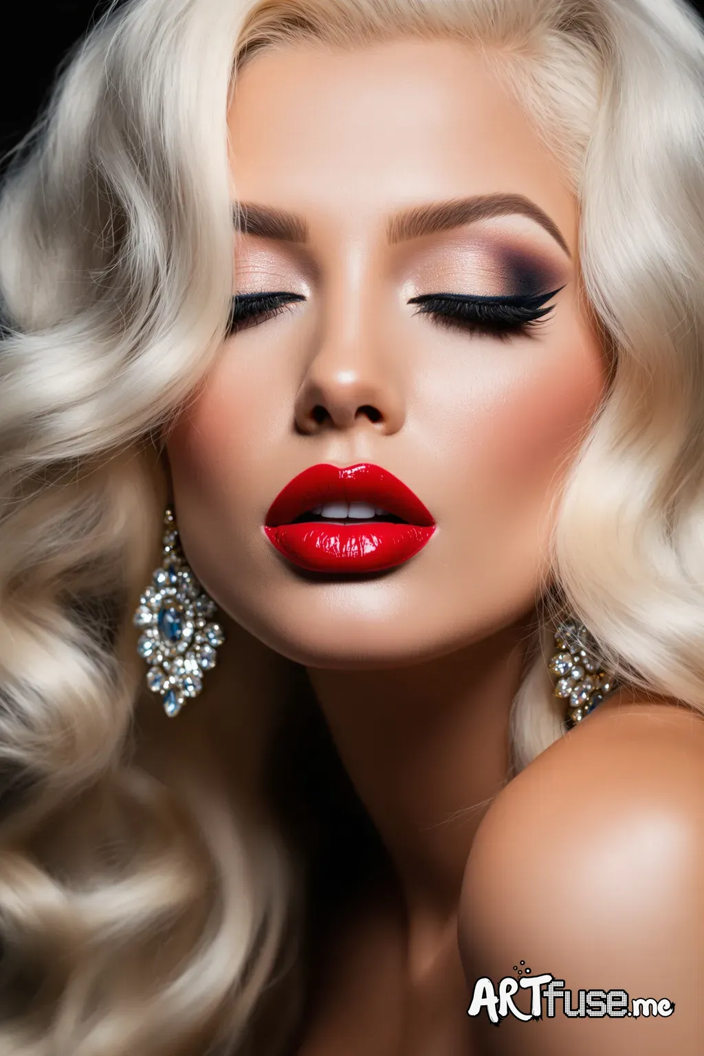 A highly stylized, glamorous portrait of a woman with platinum blonde, wavy hair cascading around her face. She has flawless, porcelain-like skin with bold, glossy red lips slightly parted. Her eye makeup features classic black winged eyeliner and subtle eye shadow, with one eye closed and the other partially visible, creating an alluring expression. She wears large, sparkling, diamond-like earrings that add to the luxurious feel. The background is dark, emphasizing her striking features and the