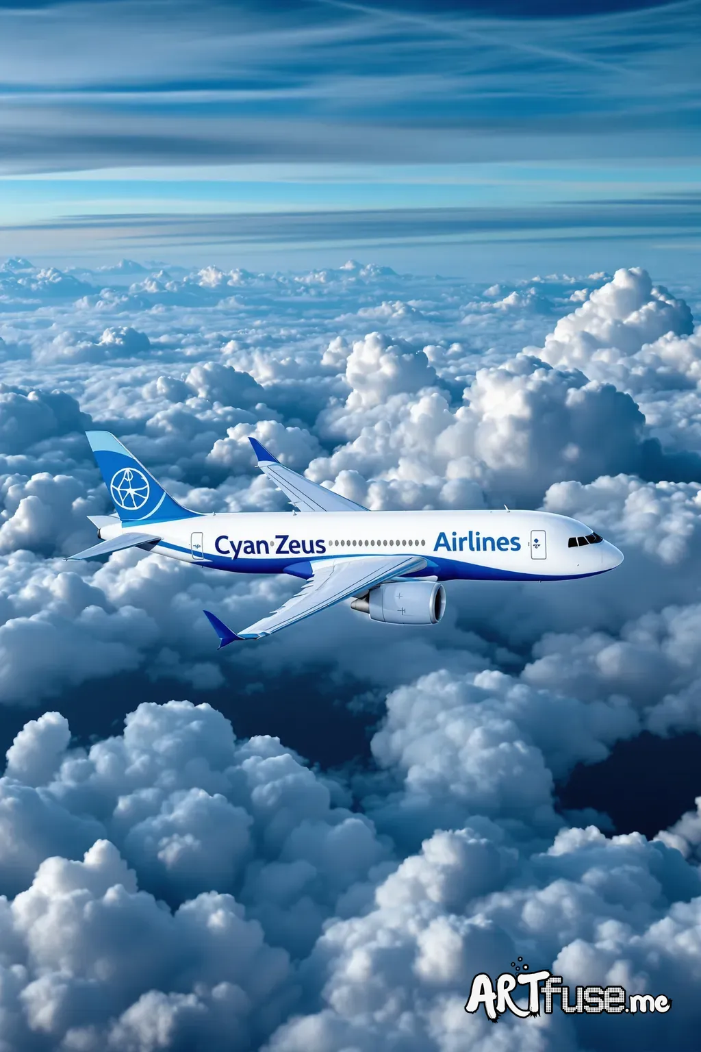 Make a picture of an airplane flighing above dark clouds. Use white, cyan, dark blue and black colours. Place the phrase "Cyan Zeus Airlines" at the body of the airplane 