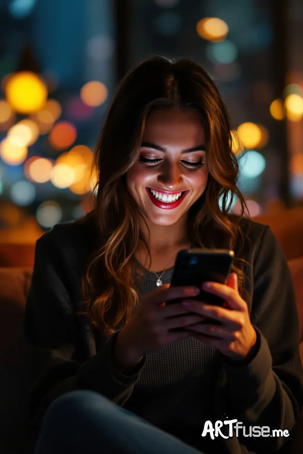 Show a girl watching her smartphone and laughs.. Add some bubble emojis.. make it cinematic style