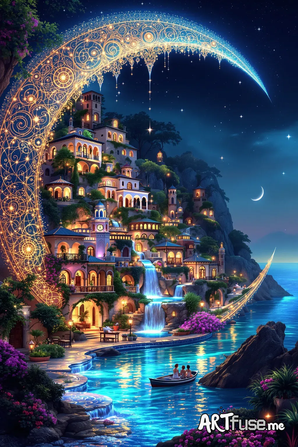 A breathtaking mediterranean fantasycore villa village ornate artwork. Intricate tiny crescent moon pearls, rainbow faerie waterfall fantasy elf greek Italian spanish riviera city of mosaic opalescent villas inside a giant ornate bioluminescent crescent moon. By Android Jones, Jean Baptiste Monge, Alberto Seveso, Erin Hanson, Jeremy Mann. Maximalist highly detailed and intricate professional photography, a masterpiece, 8k resolution concept art, Artstation, triadic colors, Unreal Engine 5, cgsoc