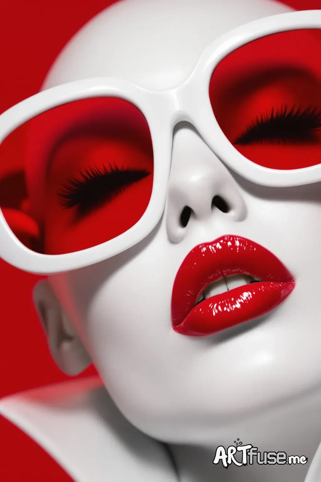 Highly stylized, close-up portrait of a person with a surreal, almost otherworldly appearance. Red background. The subject has a smooth, white skin, with striking red lips that are glossy and well-defined. They are wearing large, white-framed sunglasses with red-tinted lenses that cover a significant portion of their face, adding a bold contrast to the overall color scheme. The person has long, thick eyelashes and their facial features are sharp and symmetrical. They are also adorned in a white,
