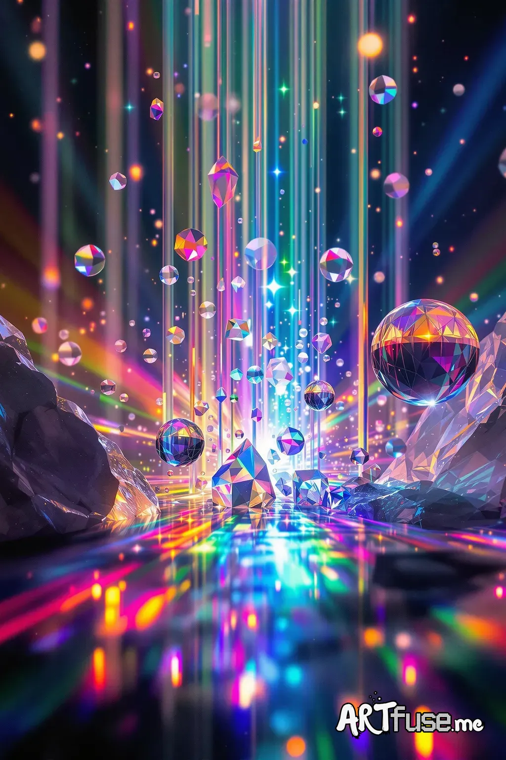 > Create a surreal composition where refracted or prismatic light is the central element. Imagine a dreamlike scene in which reality bends—objects float, melt, or transform—and light behaves in impossible ways. Rays of light pass through floating crystals, glass spheres, or abstract prisms, scattering into vivid rainbow fragments that illuminate the scene with spectral colors