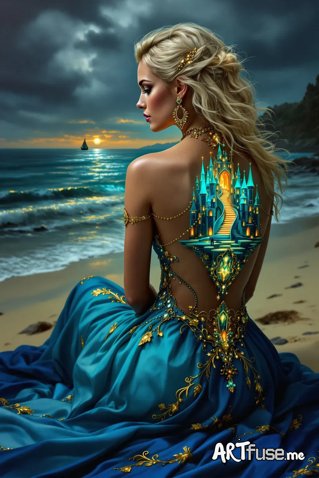 OilA woman with blonde hair, adorned with golden jewelry and intricate details, sits on a beach.  Her back is detailed with glowing, teal-toned, and deep blue stylized fantasy castle structure, glowing fiery stairs, and  gold embellishments on her dress; the flowing,  textured dress fabric incorporates the same blues and golds, creating a seamless transition from her back to the surrounding landscape.  The scene features a  dark-tone stormy beach, a distant sailboat, and a vibrant color palette.