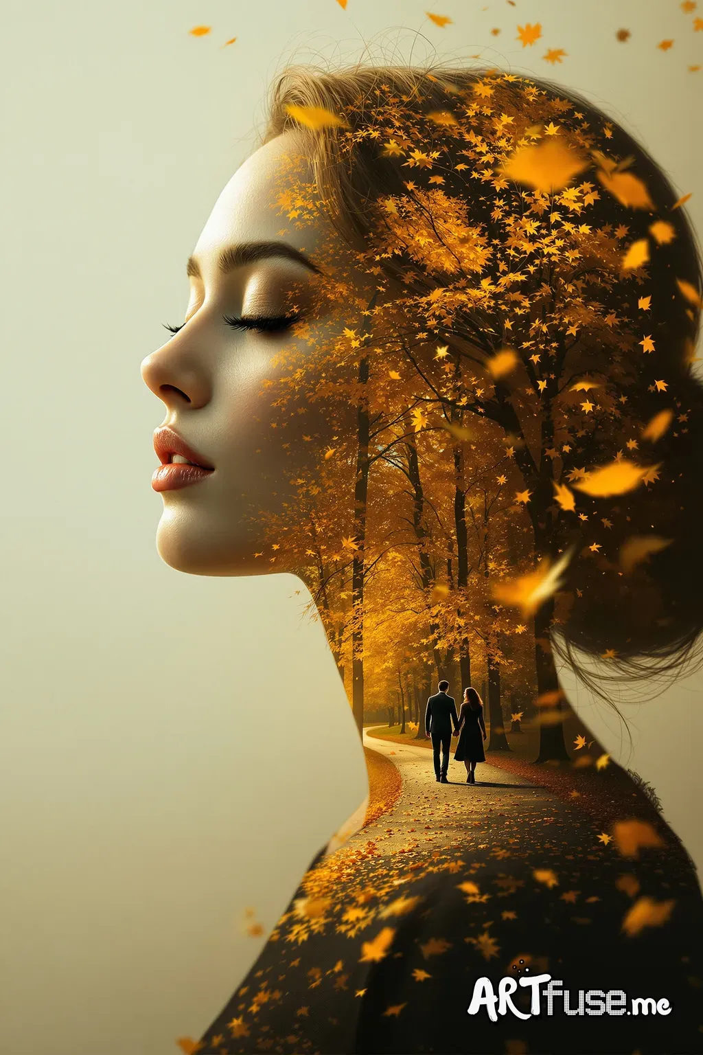 Surreal artistic portrait, double exposure: side profile of a woman with closed eyes, smooth skin, calm melancholic expression. Her silhouette merges with a golden autumn park, glowing trees with rich amber and gold foliage. Golden leaves floating in the air. Inside the silhouette, a couple walks hand in hand along a luminous path. Soft blurred background, shallow depth of field, bokeh effect. Strong golden color palette, warm sepia-gold tones, cinematic lighting, dreamy, poetic mood, ultra-deta