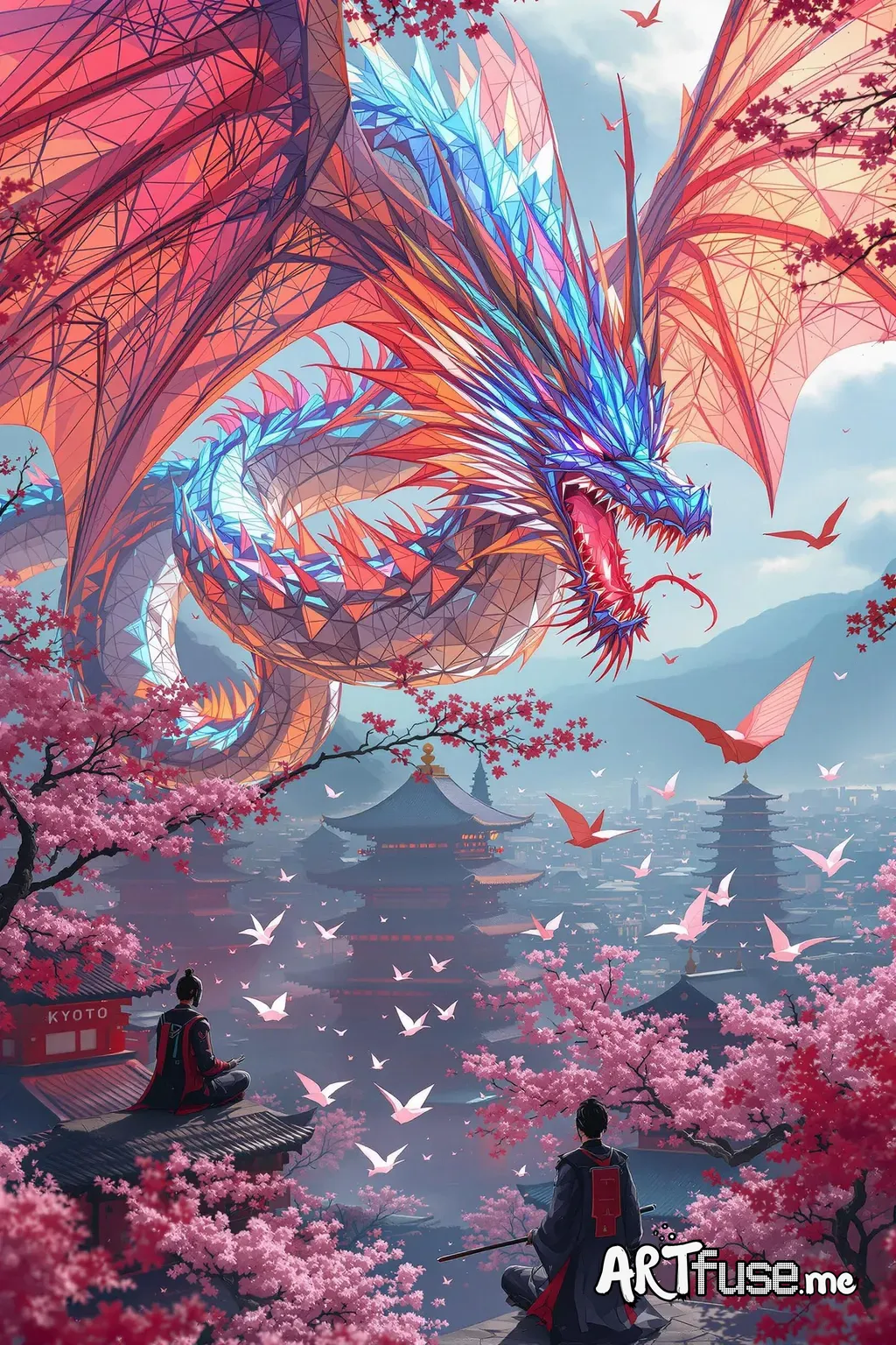A massive cybernetic origami dragon, intricately constructed from luminescent neon paper, gracefully soars above a futuristic vision of Kyoto. The cityscape is enhanced by zero gravity cherry blossoms, which offer an ethereal touch to the environment. The dragon's wings intricately unfold into mesmerizing fractal patterns which cast multicolored shadows over the digital temples beneath it. Robotic samurais of an ancient aesthetic meditate on levitating paper cranes, epitomizing a harmonious fusi