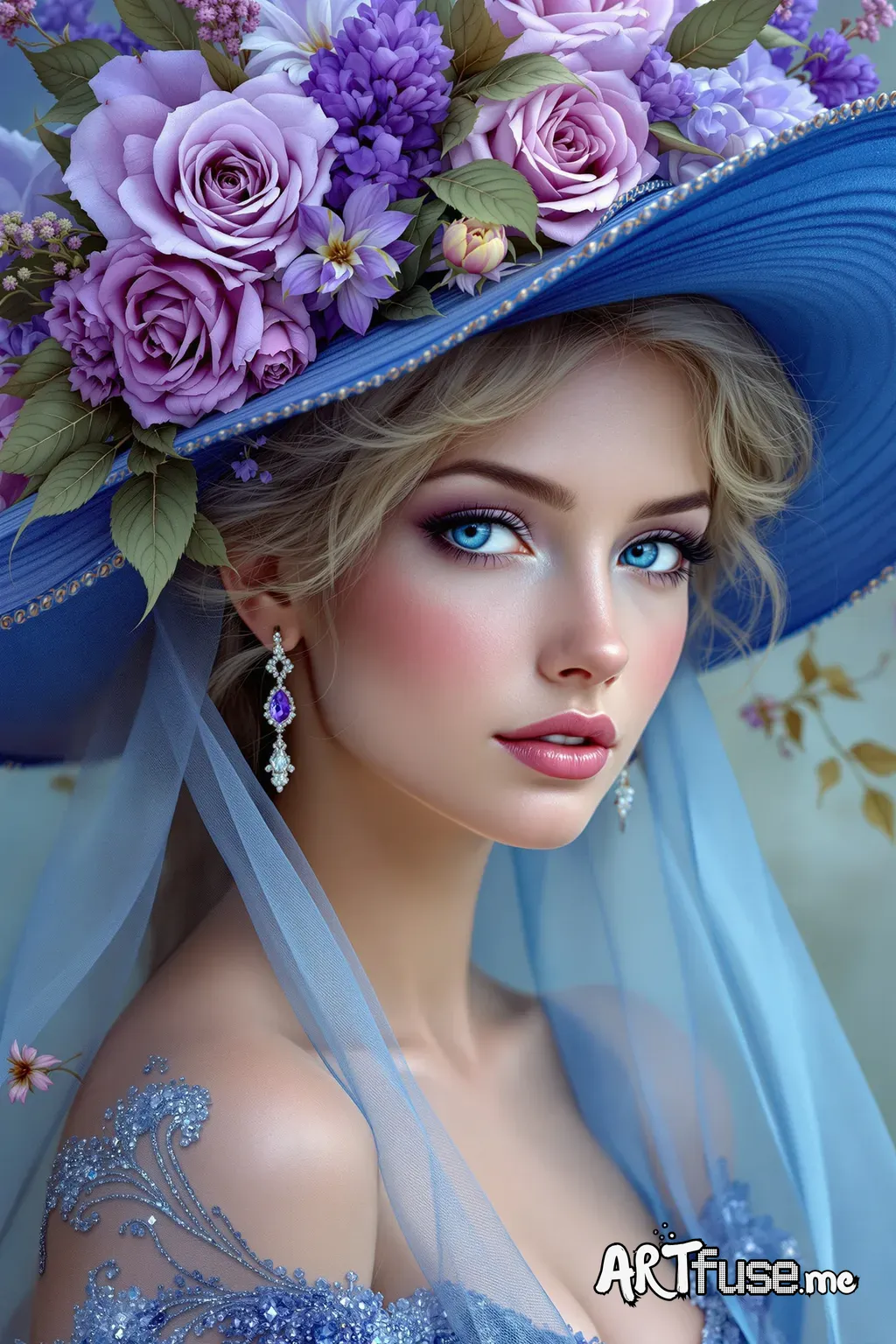 A highly detailed and vibrant fantasy portrait of a young woman with piercing blue eyes and flawless skin. She is wearing a large, elegant, wide-brimmed blue hat adorned with lush purple and lavender flowers, including roses and other blossoms, with intricate leaf details. The hat is textured, with visible brushstrokes giving it an artistic, painted appearance. A sheer, shimmering blue veil drapes gracefully around her shoulders, adding a mystical touch. She has delicate, sparkling earrings that