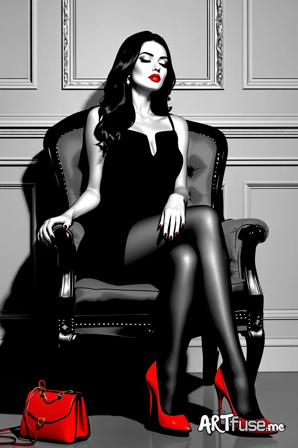 A highly stylized, black and white digital illustration of a sophisticated woman sitting on the chair with her lonlegs crossed. She has long, sleek, flowing dark hair, and her eyes are closed with a serene expression. She is wearing a fitted black sleeveless dress, sheer black tights, and striking red high heels. Her nails are painted red, matching her shoes, and she has bold red lipstick. Beside her, there is a matching red handbag. The background features elegant, classic paneling and a frame.