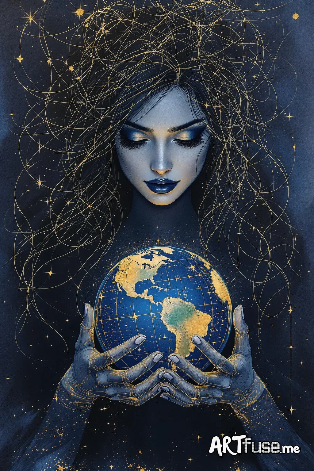 Gold pencil sketch on dark blue canvas, gold leaf art, sketch portrait of dark fantasy  woman, She holds the blue globe earth in her hands.   gold lines mixed with gold leaf art, masterpiece, 8k, only  blue and gold colors,, monochrome, Luis Royo sketch, epic