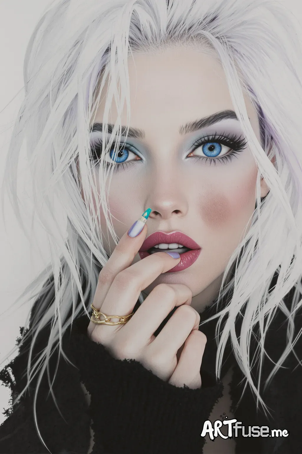 A beautiful girl with white hair, large blue eyes, bright makeup, a lit cigarette in her hand, close to her face, a white wall... a pencil drawing on white paper, mixed media, close-up, dynamic hyperrealism.