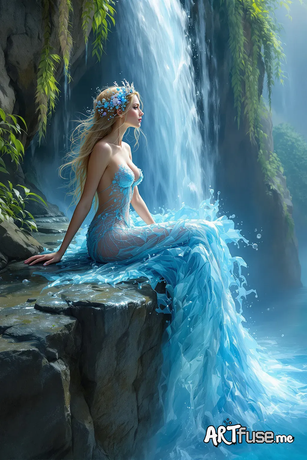 a woman sitting on a cliff with a waterfall of water, closeup fantasy with water magic, water fairy, wearing a dress made of water, dress made of water, beautiful mermaid, beautiful fantasy art, beautiful fantasy painting, beautiful gorgeous digital art, very beautiful fantasy art, beautiful fantasy maiden, fantasy beautiful, beautiful maiden, beautiful digital art, beautiful fairy