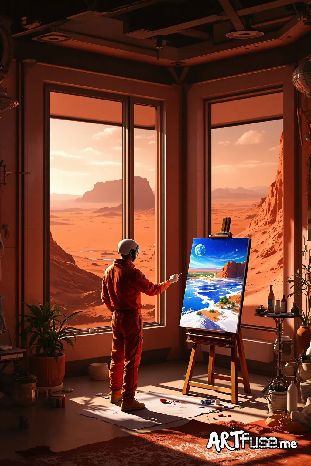Future Life on Mars. Highly creative. An artist's studio interior on Mars, with large windows offering a panoramic view of the desolate red landscape. The artist, wearing practical Martian attire, is painting a vibrant, imagined Earth landscape on a canvas. Soft, naturalistic lighting. Impressionistic painting style, focus on light and color, emotional depth, sense of longing, detailed interior, 8k.
