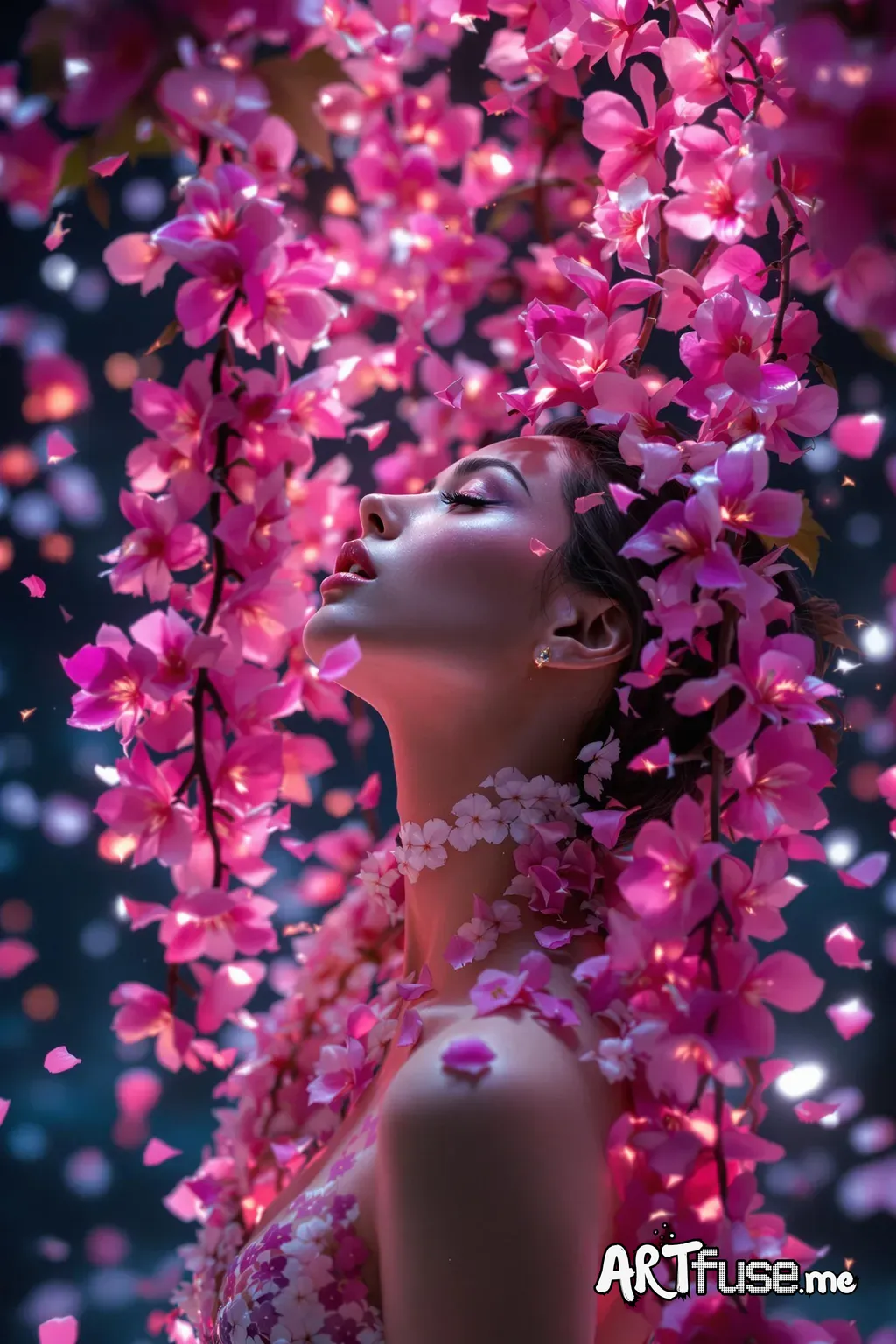 a beautiful, ultrarealistic girl that looks  50% Leona Lewis and 50% Christina Aguilera .  The scene is comprised of A Shower of exotic flower Petals floating about as The scene transitions to a slow-motion series of shots including a bunch of cascading  cherry blossoms draping and surrounded with an abundance of  exotic vibrantly colored orchids cascading down around the dancer. Each petal glows softly, creating a surreal, dreamlike qualityA gymnast training for the Olympics, athletic, focused,