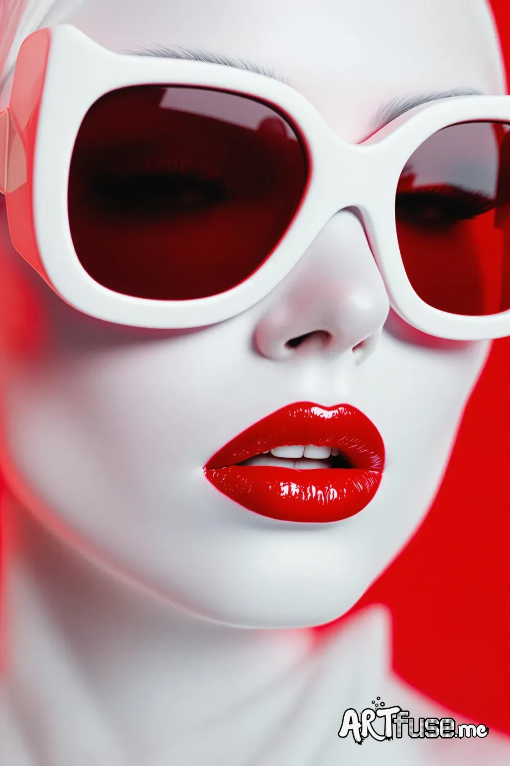 Highly stylized, close-up portrait of a person with a surreal, almost otherworldly appearance. Red background. The subject has a smooth, white skin, with striking red lips that are glossy and well-defined. They are wearing large, white-framed sunglasses with red-tinted lenses that cover a significant portion of their face, adding a bold contrast to the overall color scheme. The person has long, thick eyelashes and their facial features are sharp and symmetrical. They are also adorned white hair 