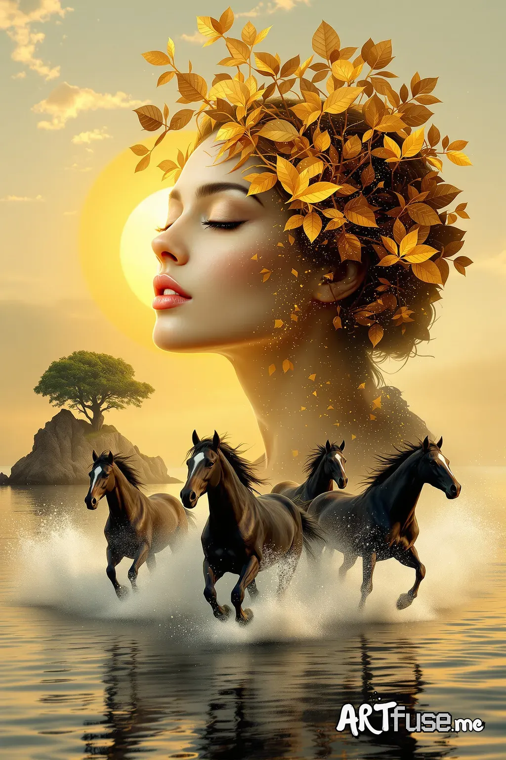 Double exposure surreal fantasy: a serene female face with closed eyes merges into a glowing sunset, sun and golden clouds. Her forehead and hair form a crown of geometric golden leaves and branches. In the scene, a rocky island with a lone tree glows near the water’s edge. Foreground: four black horses gallop across reflective, rippling water, spraying foam. Palette of golds, blacks, browns—hyperreal, surreal, mystical, dreamlike."
