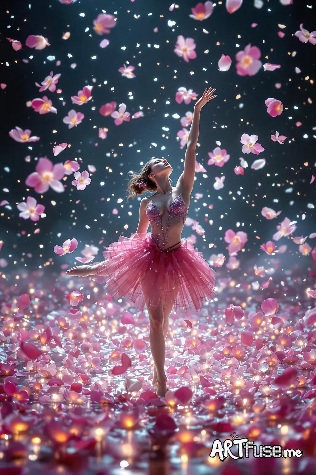 a beautiful, ultrarealistic girl that looks  50% Leona Lewis and 50% Christina Aguilera .  The scene is comprised of A Shower of exotic flower Petals floating about as The scene transitions to a slow-motion series of shots including a bunch of cascading  cherry blossoms draping and surrounded with an abundance of  exotic vibrantly colored orchids cascading down around the dancer. Each petal glows softly, creating a surreal, dreamlike qualityA gymnast training for the Olympics, athletic, focused,
