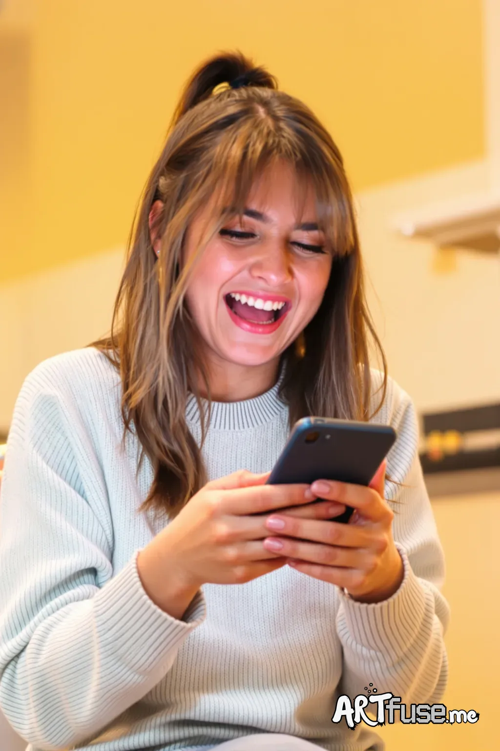 Show a girl watching her smartphone and laughs.. also add some bubble emojis..