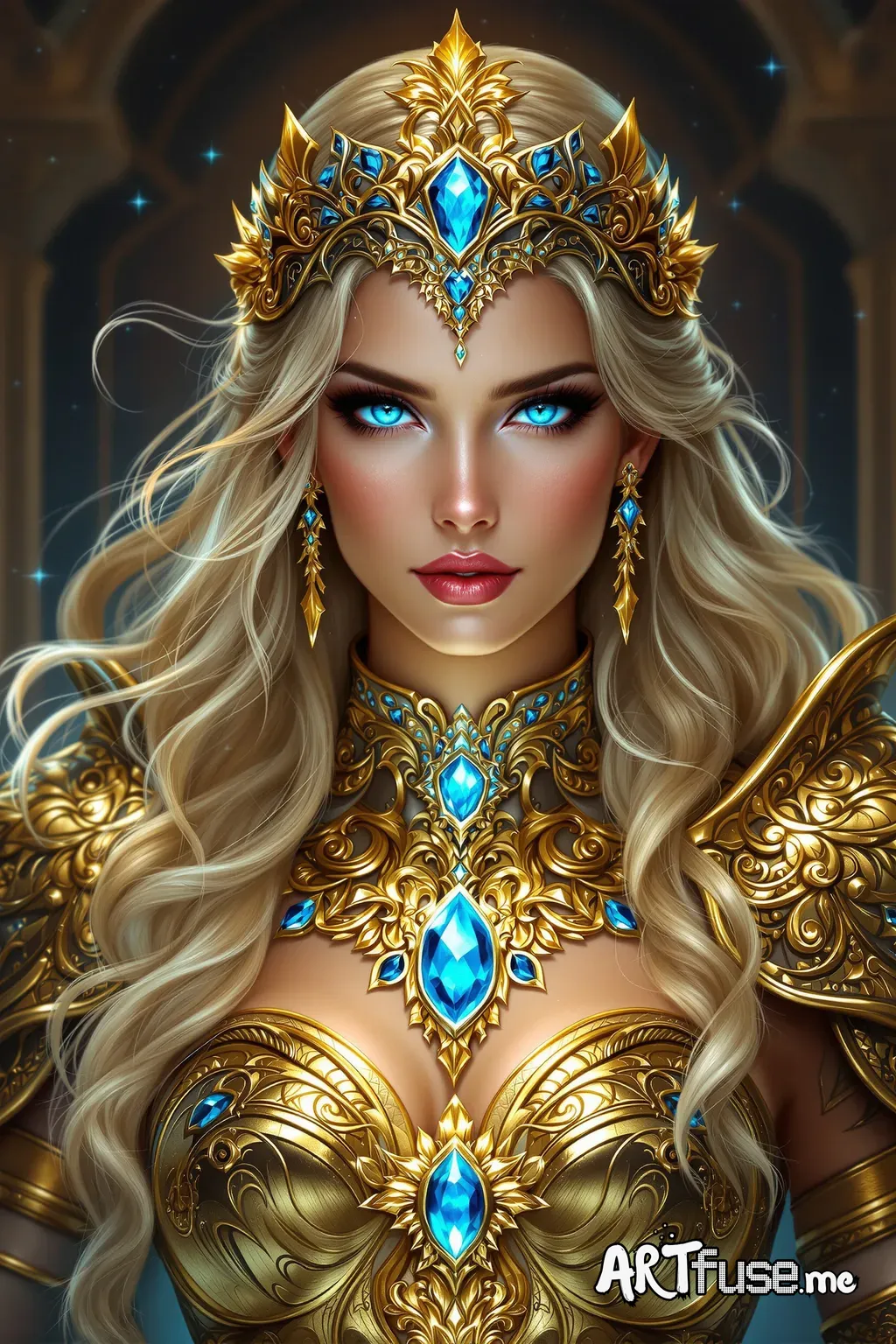  highly detailed and majestic fantasy illustration of a regal female warrior goddess. She has long, flowing, wavy blonde hair and a serene yet commanding expression. She is adorned with intricate, shimmering gold armor decorated with elaborate patterns and embedded with luminous blue gemstones. She wears a delicate, ornate tiara with a central gemstone, matching earrings, and a choker with a large blue gemstone at its center and a glowing sword