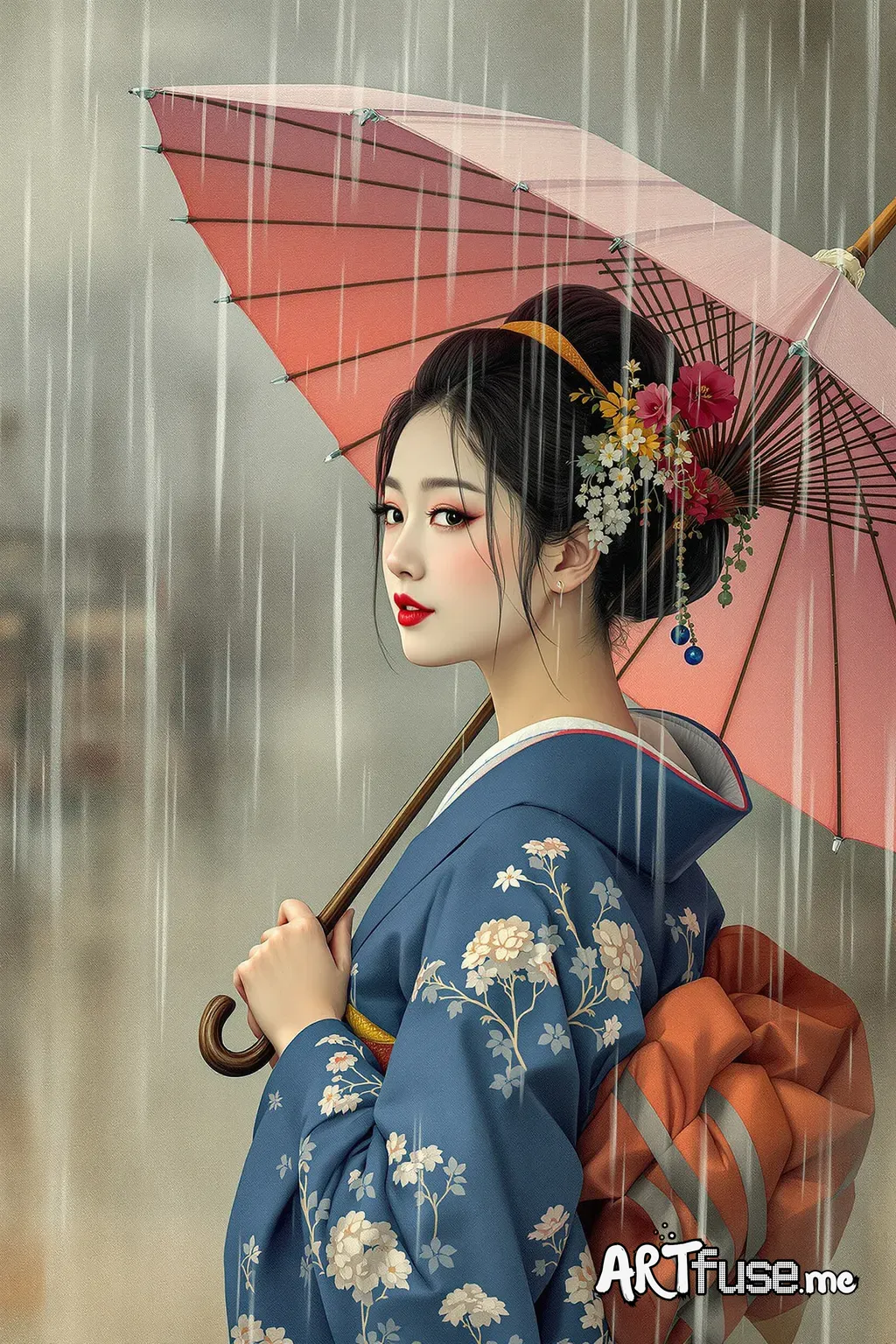 painting of a woman in a blue kimono with an umbrella, japanese art art, inspired by Matsuno Chikanobu, raining, japanese art, inspired by Itō Shinsui, raining portrait, traditional japanese art, japanese art style, inspired by Hishikawa Moronobu, in the rain, inspired by Kanō Takanobu