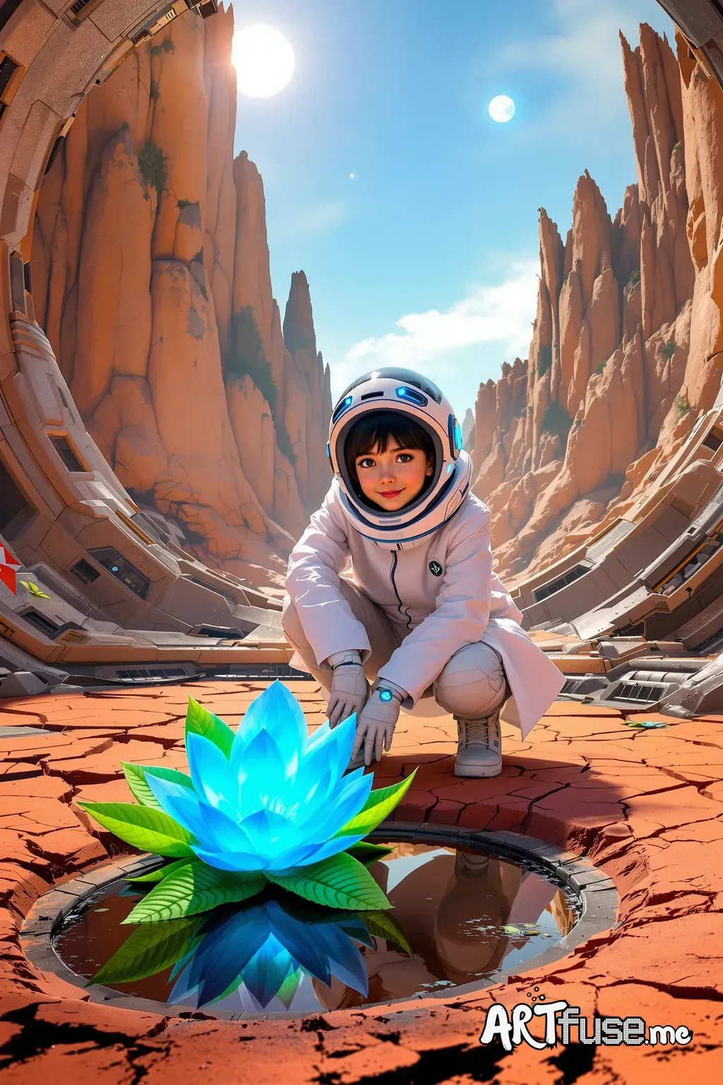 A young girl in a futuristic, sci-fi landscape, squatting on cracked, reddish-orange terrain inside a damaged spaceship or space station. She is wearing a white lab coat and a sleek, modern helmet with glowing blue accents. In front of her, a large, luminous blue flower with green leaves grows from the ground, its reflection visible in a small, shallow pool of water. The background features towering, weathered rock formations under a clear sky with a bright sun and a smaller moon or planet visib