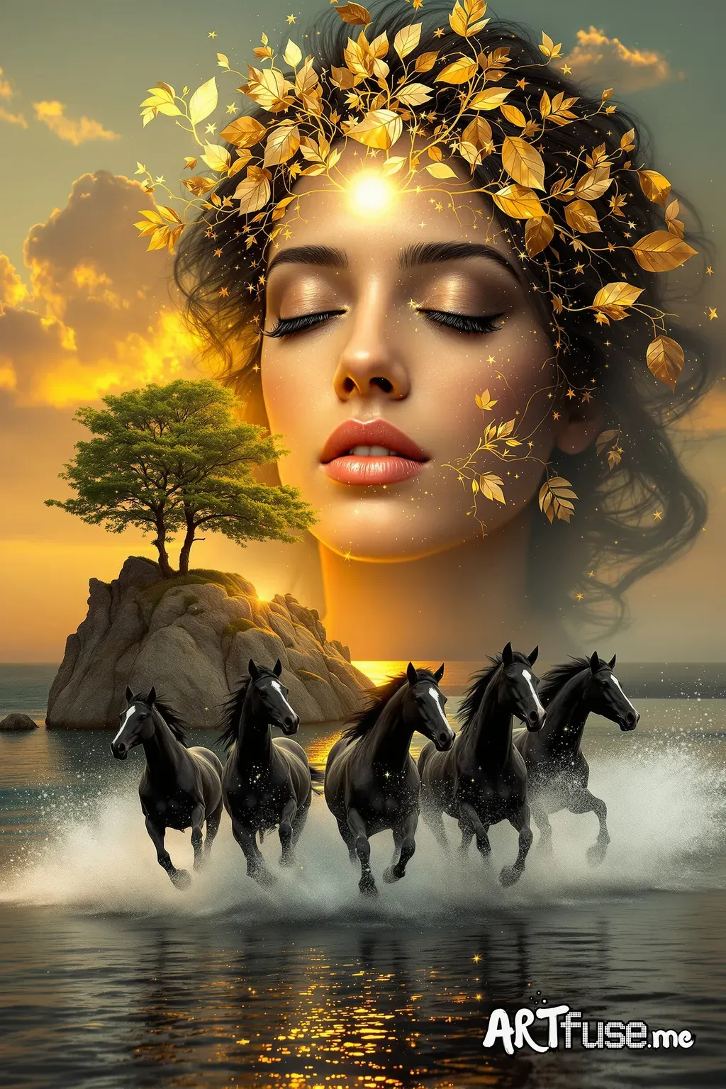 Double exposure surreal fantasy: a serene female face with closed eyes merges into a glowing sunset, sun and golden clouds. Her forehead and hair form a crown of geometric golden leaves and branches. In the scene, a rocky island with a lone tree glows near the water’s edge. Foreground: four black horses gallop across reflective, rippling water, spraying foam. Palette of golds, blacks, browns—hyperreal, surreal, mystical, dreamlike."