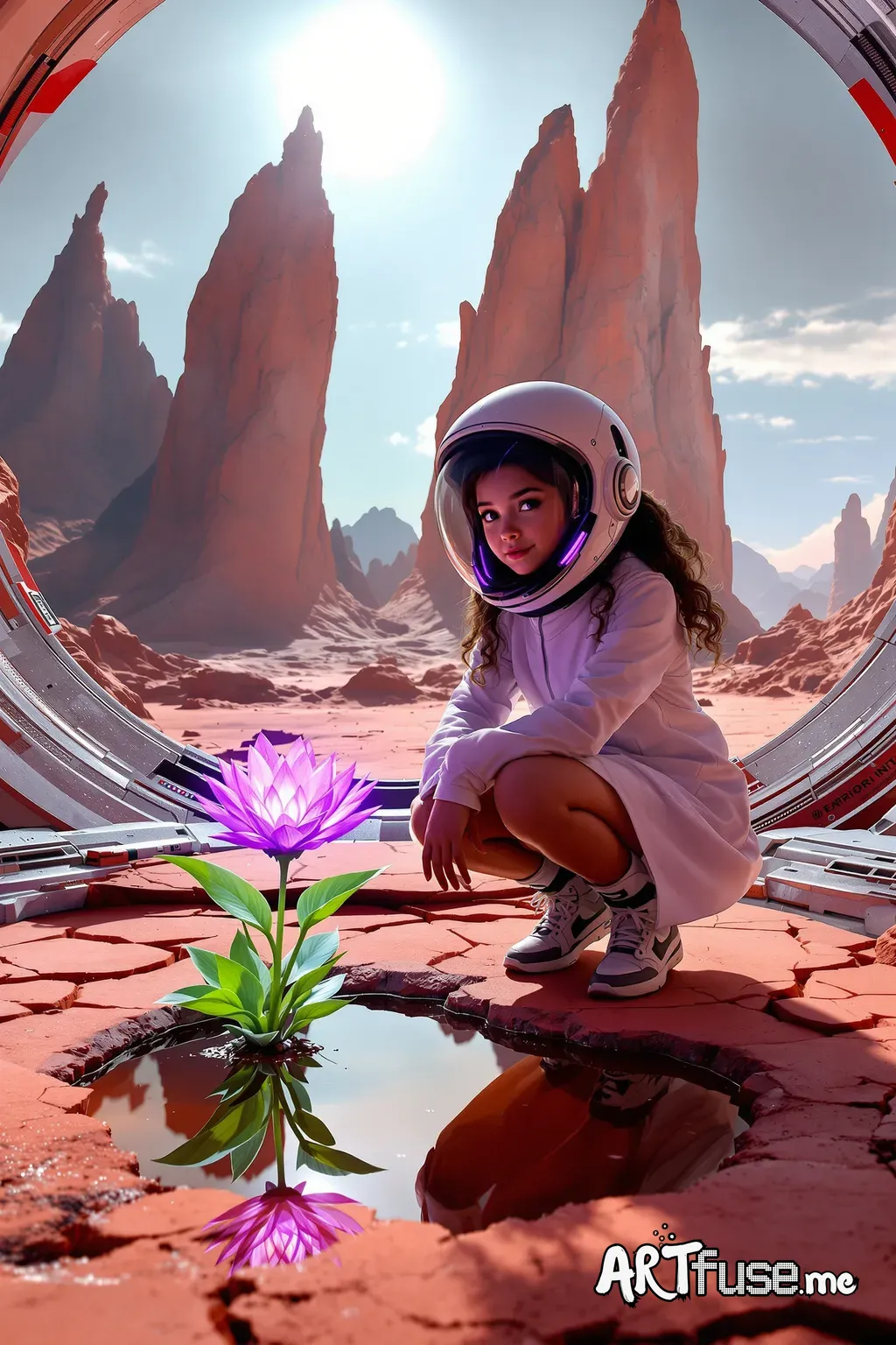 A young girl in a futuristic, sci-fi Mars landscape, squatting on cracked, reddish-orange terrain inside a damaged spaceship or space station. She is wearing a white lab coat and a sleek, modern helmet with glowing purple accents. In front of her, a large, luminous purple flower with green leaves grows from the ground, its reflection visible in a small, shallow pool of water. The background features towering, weathered rock formations under a clear sky with a bright sun.