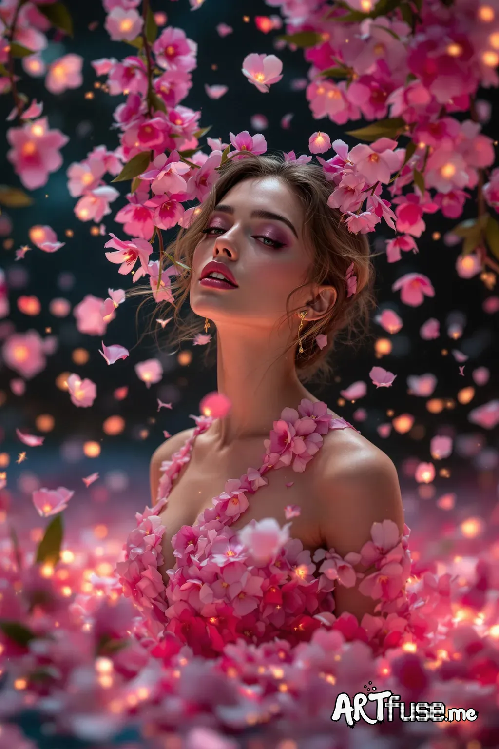 a beautiful, ultrarealistic girl that looks  50% Leona Lewis and 50% Christina Aguilera .  The scene is comprised of A Shower of exotic flower Petals floating about as The scene transitions to a slow-motion series of shots including a bunch of cascading  cherry blossoms draping and surrounded with an abundance of  exotic vibrantly colored orchids cascading down around the dancer. Each petal glows softly, creating a surreal, dreamlike qualityA gymnast training for the Olympics, athletic, focused,