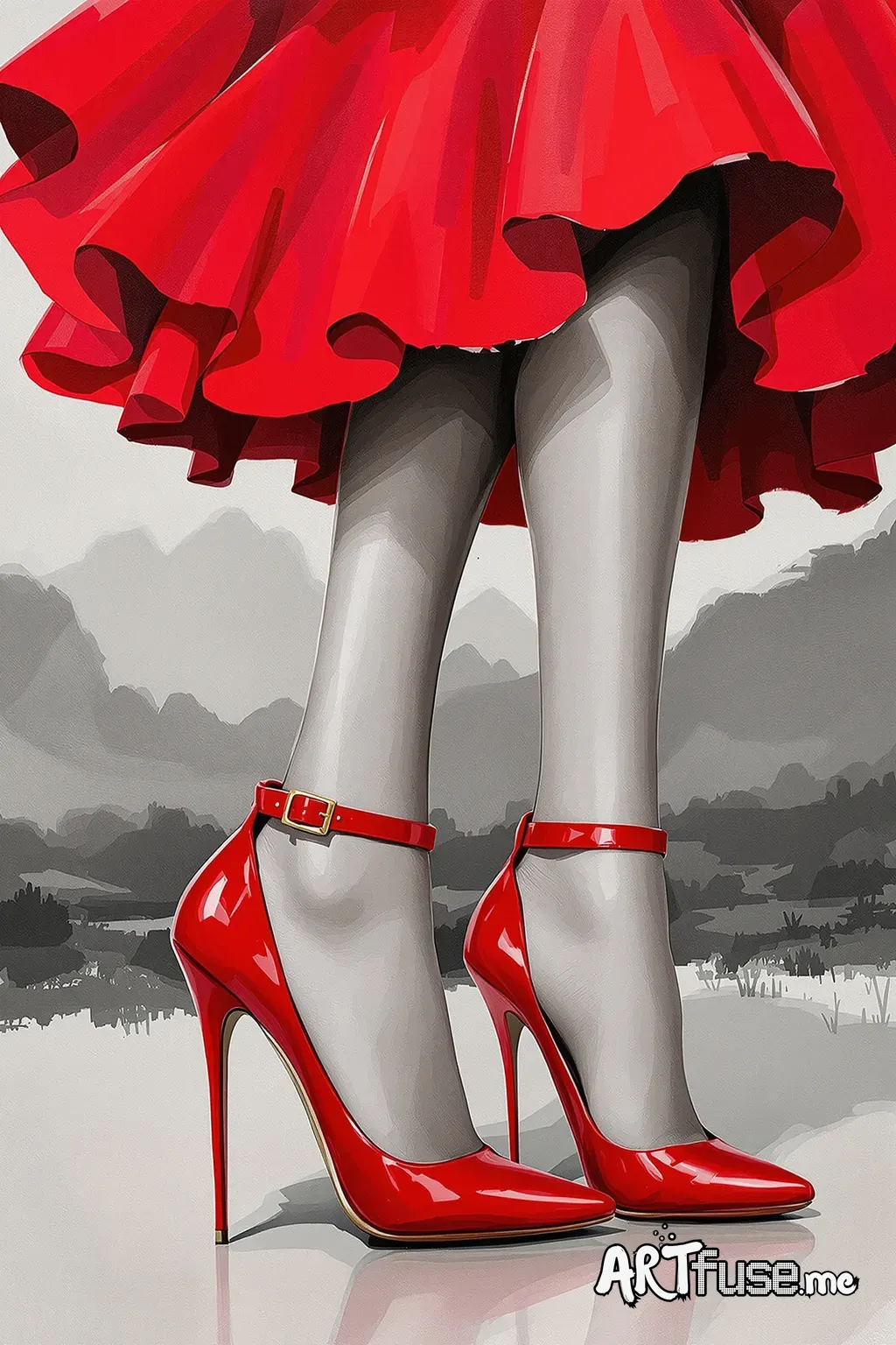 A close-up view of a woman's legs and feet, showcasing elegant, high-heeled red shoes with ankle straps. She is wearing a vibrant red skirt with a flowing, ruffled texture, and her legs are painted in a sleek, monochromatic silver tone. The background features an abstract, blurred landscape with muted grayscale tones, emphasizing the bold contrast of the red fashion elements. The image has a painterly, textured style with visible brushstrokes, giving it an artistic, impressionistic feel. The sig