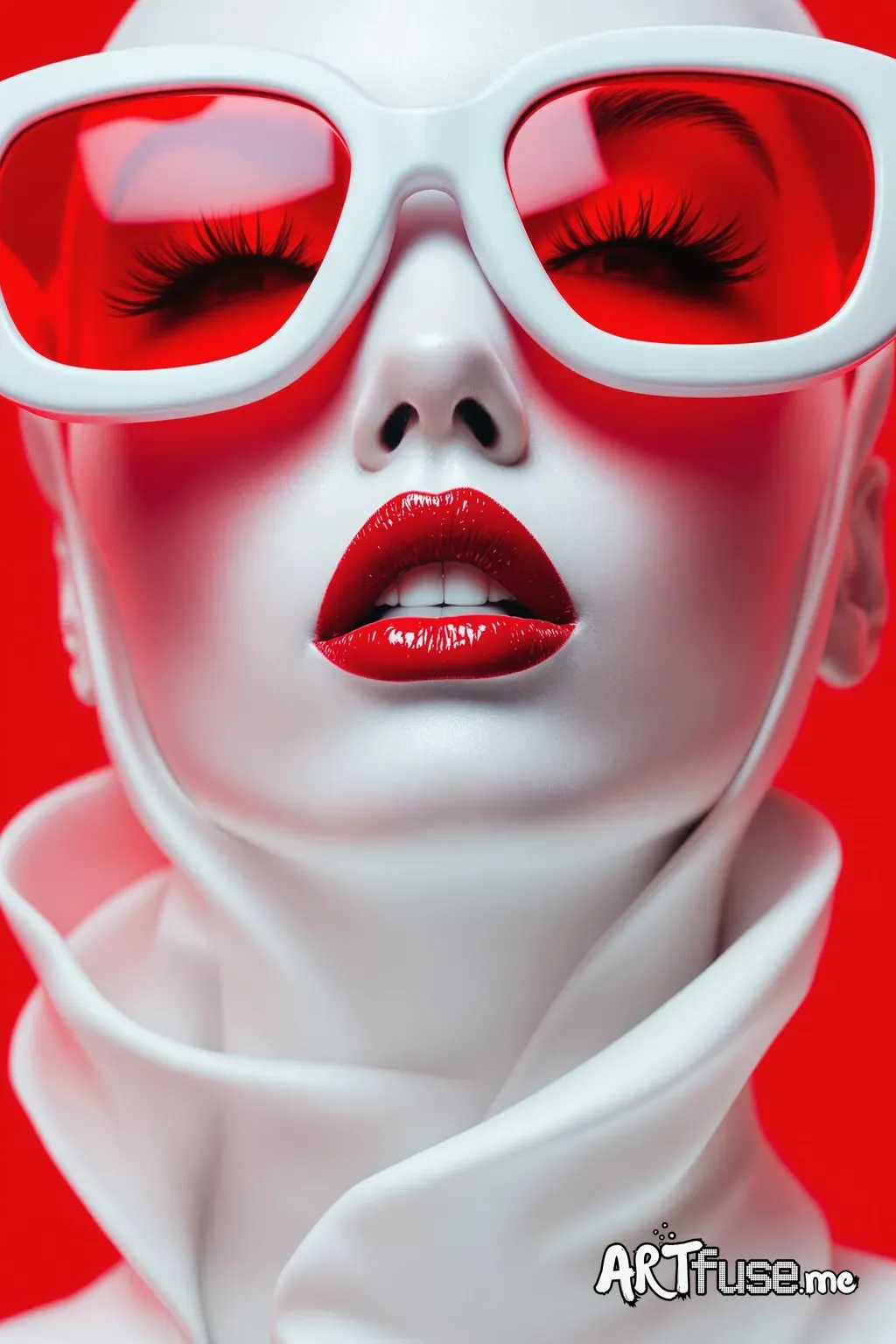 Highly stylized, close-up portrait of a person with a surreal, almost otherworldly appearance. Red background. The subject has a smooth, white skin, with striking red lips that are glossy and well-defined. They are wearing large, white-framed sunglasses with red-tinted lenses that cover a significant portion of their face, adding a bold contrast to the overall color scheme. The person has long, thick eyelashes and their facial features are sharp and symmetrical. They are also adorned in a white,