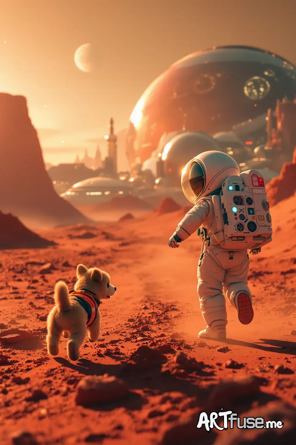Future Life on Mars. Highly creative. A child wearing an advanced, bubble-helmeted spacesuit, playfully chasing a small, robotic dog across the red, dusty plains of Mars, with a futuristic biodome city shimmering in the background under a twin-mooned sky. Vibrant, saturated colors, playful atmosphere, cinematic lighting, sense of adventure, high detail, wide angle lens, 8k.