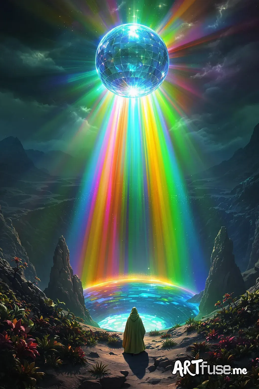 Deep in a vast, otherworldly landscape, a massive crater filled with crystalline water pulses like a living eye. Suspended above it, a translucent orb floats — refracting the sun’s light into blinding, spectral rays that stretch across the terrain. The sky is stormy and dark, making the rainbow beams even more vivid, like cuts of color through shadow. Strange plants curl toward the light, casting colorful, distorted shadows. In the distance, a figure watches, wrapped in a cloak that shimmers wit