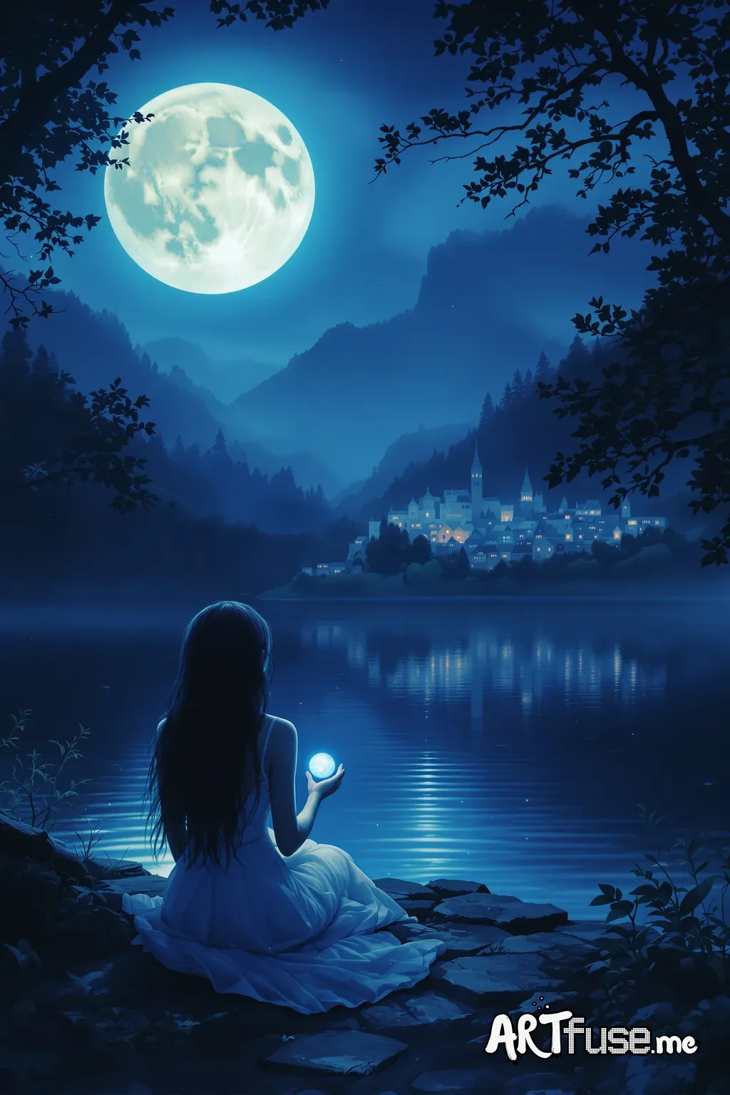 A young, ethereal girl with long dark hair sits by a still, luminous lake at night, holding a glowing orb.  The scene is a mystical, fairytale landscape with a colossal, pale moon, a misty blue-toned town on a hillside beyond the lake, and lush, shadowy foliage, all rendered in a painterly, soft focus style with a dreamy, otherworldly ambiance.